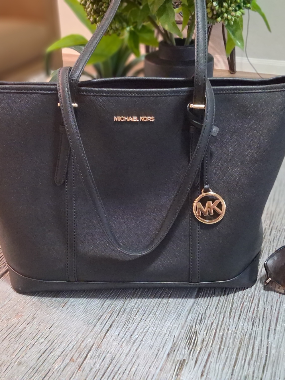 Michael Kors Black Saffiano Leather Tote with Gold MK Charm